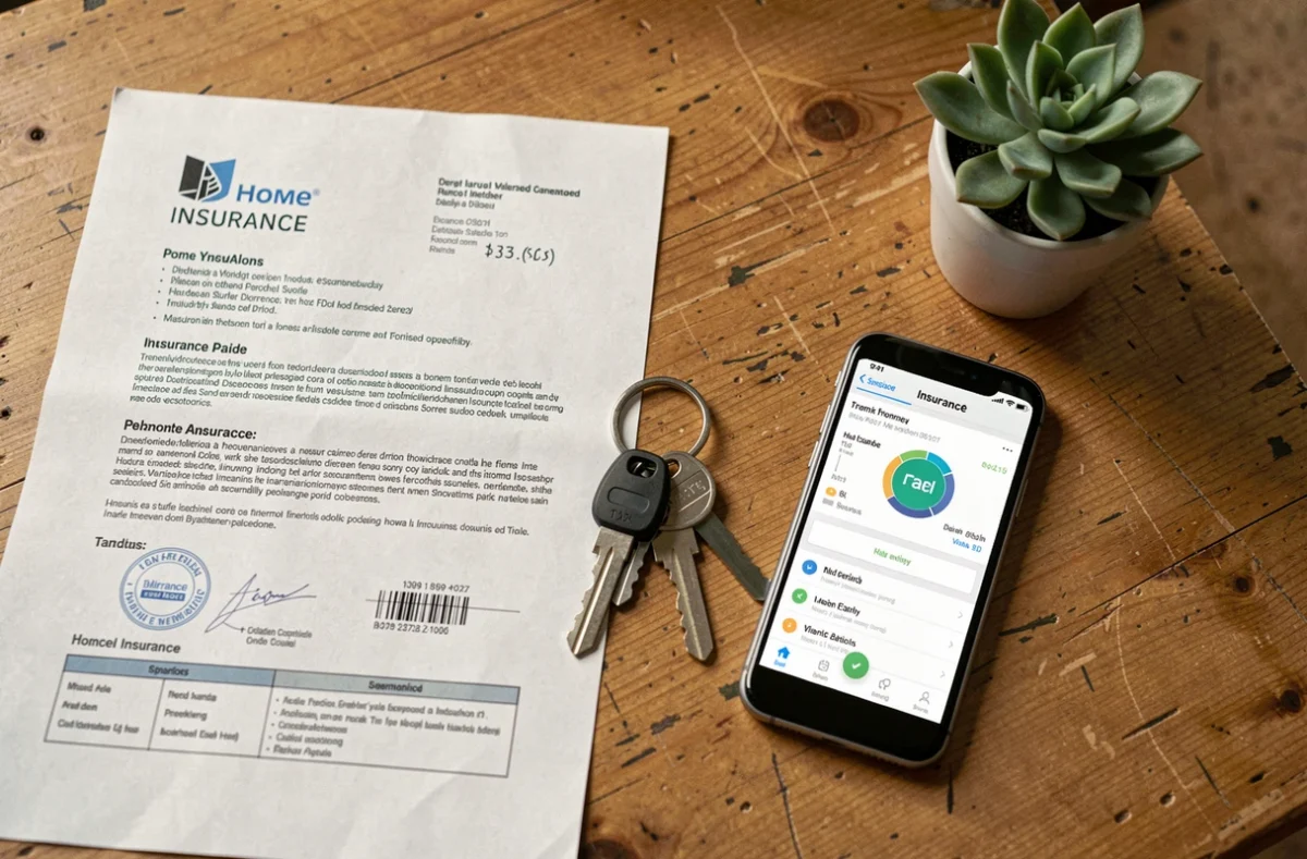Vue de dessus d'un bureau avec contrat d'assurance habitation, clés et smartphone dans un studio meublé