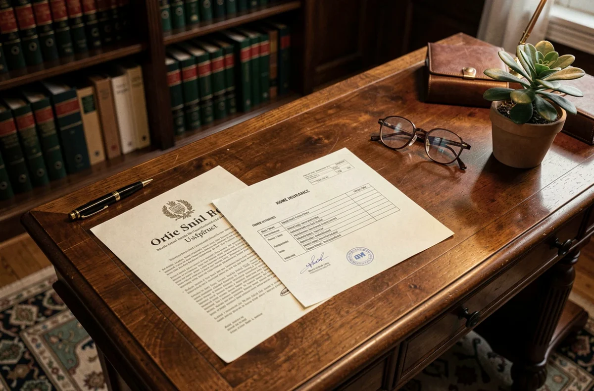 Bureau de notaire avec acte d'usufruit et contrat d'assurance habitation posés côte à côte