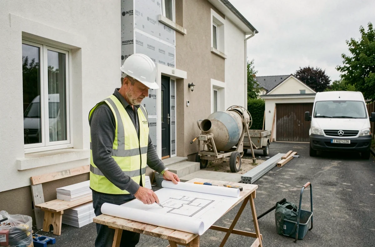 Maître d'œuvre Camif Habitat supervisant un chantier de rénovation d'ampleur devant une maison en cours de travaux