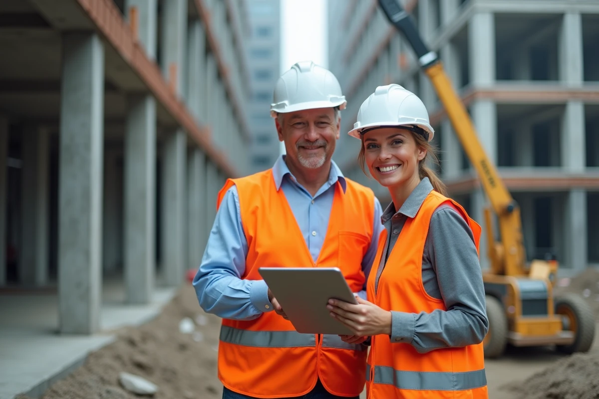 Chef de projet et promoteur immobilier sur chantier consultant un logiciel de gestion des coûts de construction sur tablette
