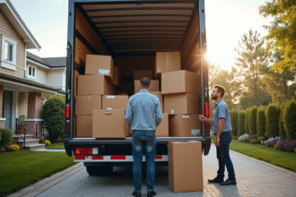 Chargement de déménageurs dans un camion spacieux et bien organisé