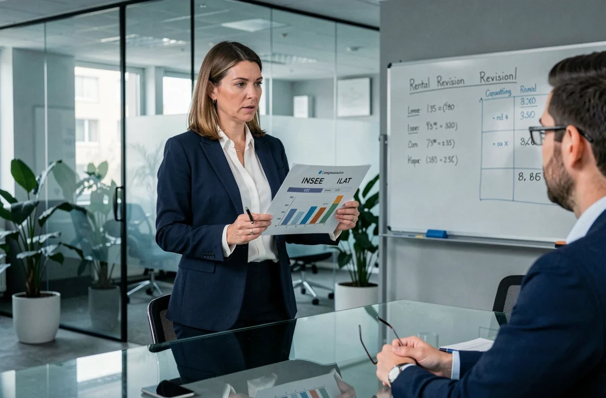 Cheffe d'entreprise comparant les indices ICC et ILAT de l'INSEE pour la révision d'un bail professionnel en bureau moderne