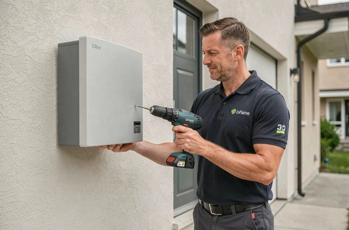 Technicien Clim Lorraine posant une pompe à chaleur air-air sur la façade d'un pavillon en Meurthe-et-Moselle