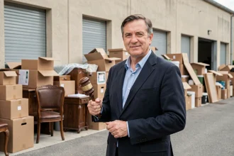 Commissaire-priseur tenant un marteau de vente aux enchères devant des box de stockage abandonnés ouverts en France