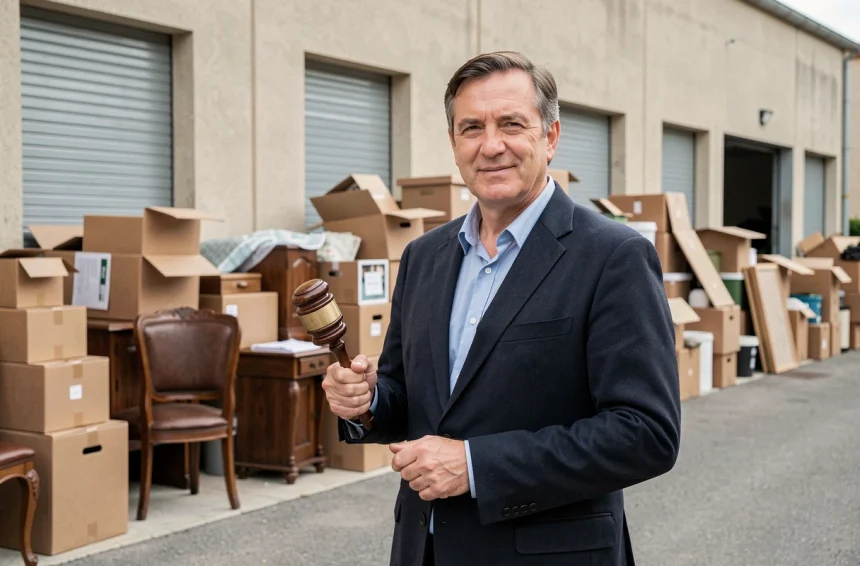 Commissaire-priseur tenant un marteau de vente aux enchères devant des box de stockage abandonnés ouverts en France