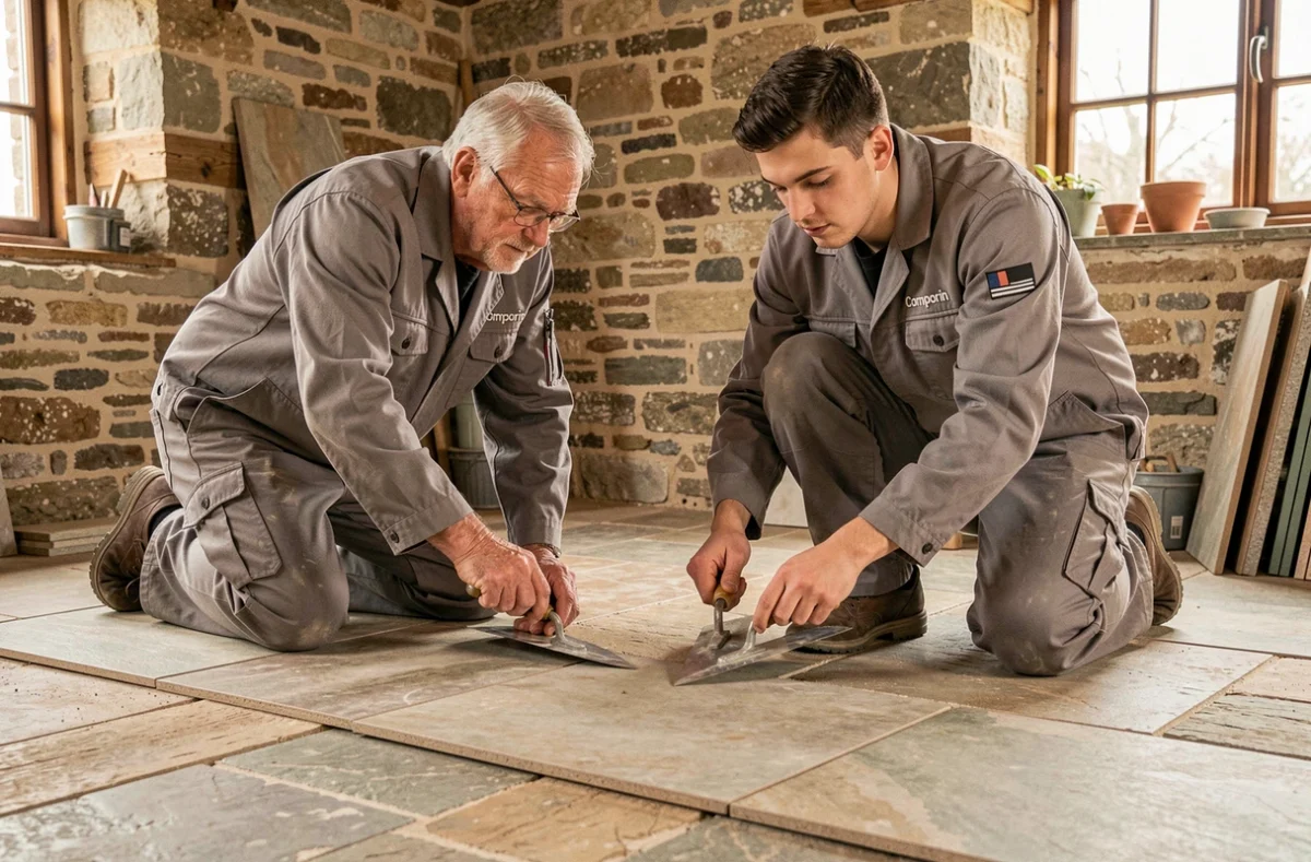 Père et fils de l'entreprise Comparin posant du carrelage en pierre dans une ferme rénovée en Meurthe-et-Moselle