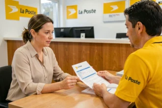 Femme consultant un conseiller La Poste pour souscrire une assurance habitation dans une agence postale