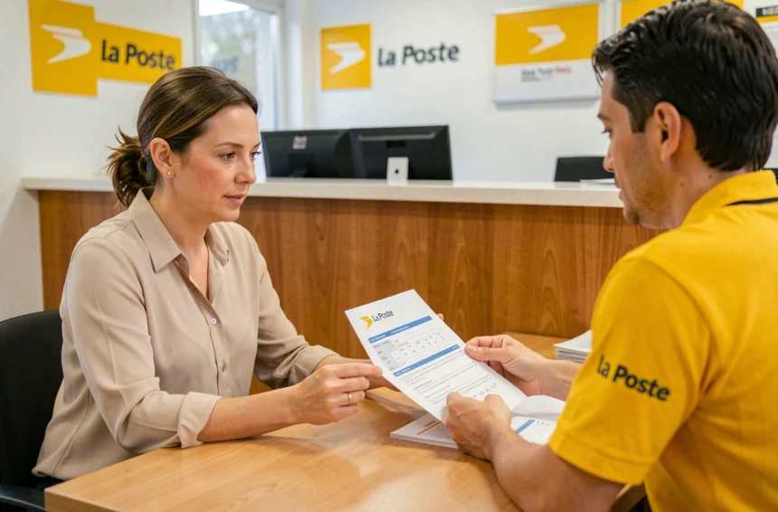Femme consultant un conseiller La Poste pour souscrire une assurance habitation dans une agence postale