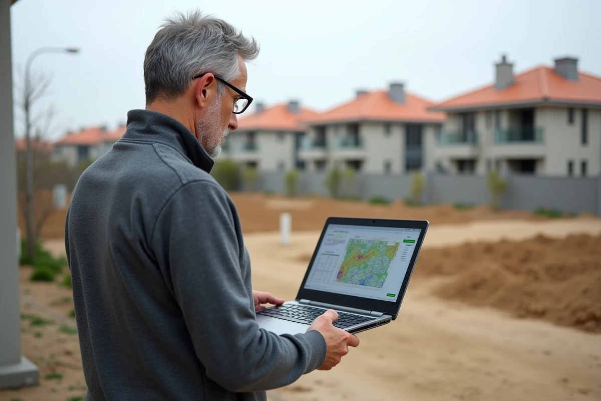 Consultant en urbanisme sur un terrain à bâtir comparant les données d'un simulateur d'emprise au sol sur ordinateur portable avec la parcelle réelle