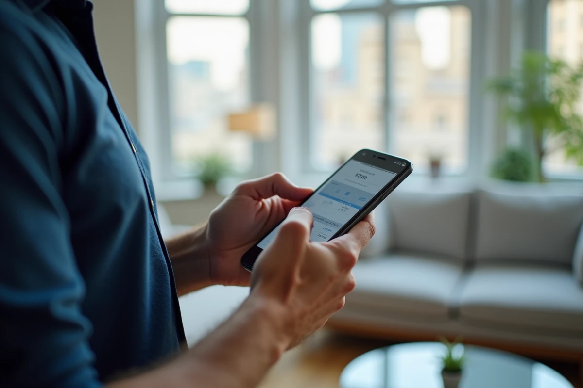 Homme consultant ses documents Myfoncia sur smartphone dans un appartement moderne