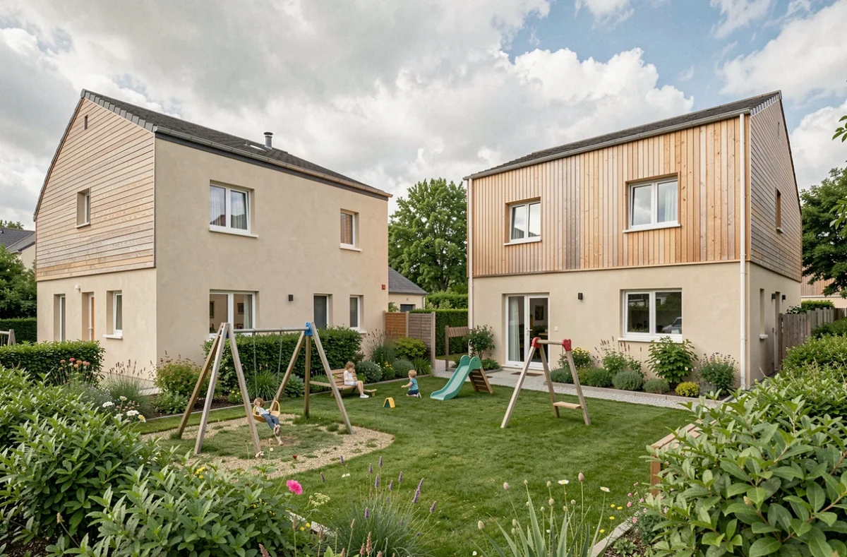 Ensemble de maisons individuelles en habitat groupé réalisé par Coopalis en Ille-et-Vilaine avec espaces verts partagés