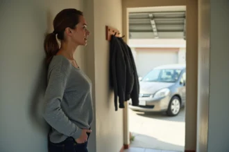 Femme debout dans le couloir d'une maison mitoyenne par garage, main posée sur la poignée de la porte communicante