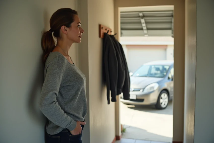 Femme debout dans le couloir d'une maison mitoyenne par garage, main posée sur la poignée de la porte communicante