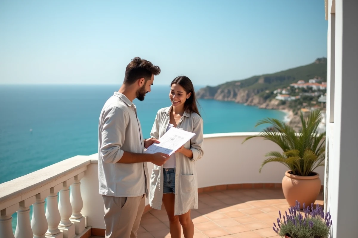 Couple étudiant le prix d'un appartement vue mer sur un balcon face à la Méditerranée