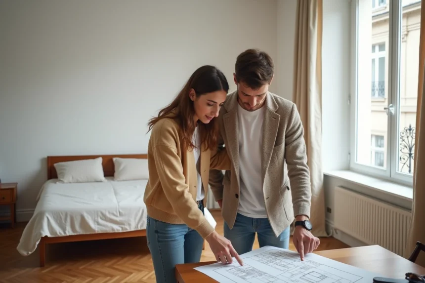 Couple examinant les plans d'un appartement T2 dans une chambre avec parquet et murs blancs