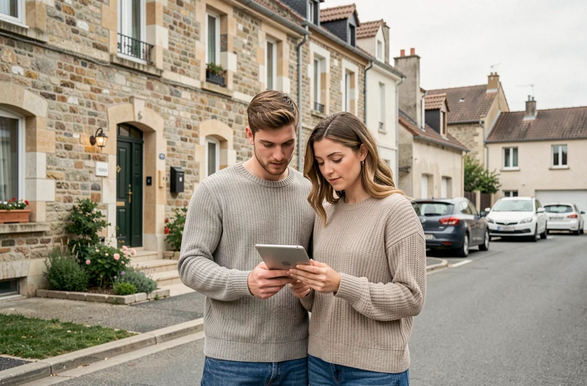 Couple comparant des offres d'assurance habitation en ligne devant leur maison à Bourgoin-Jallieu