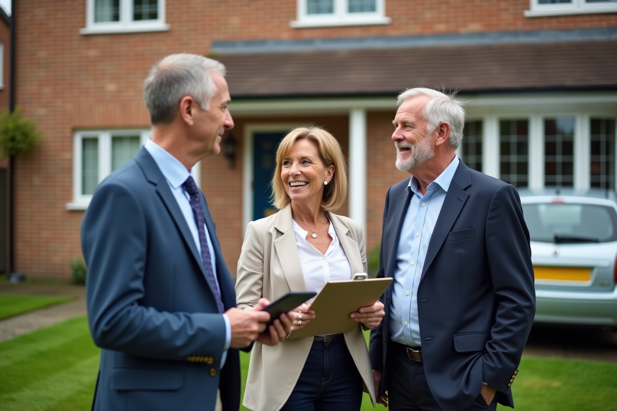 Couple discutant avec conseiller immobilier devant maison