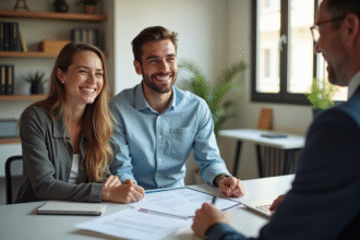 Jeune couple souriant rencontrant un conseiller financier dans un bureau moderne