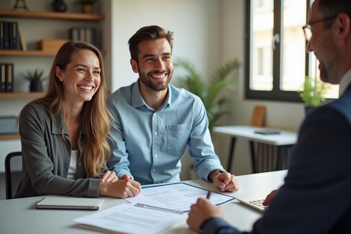 Jeune couple souriant rencontrant un conseiller financier dans un bureau moderne
