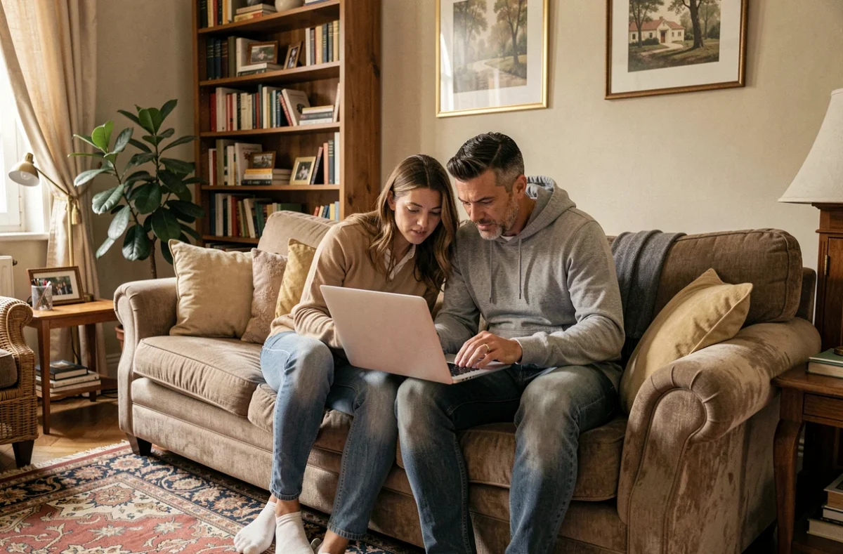 Couple examinant un contrat d'assurance habitation sur un ordinateur portable dans leur salon