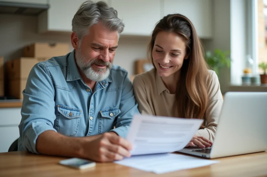 Couple de middleaged discutant contrat de déménagement à la cuisine