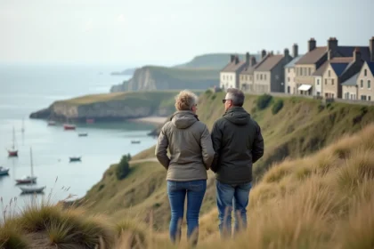 Couple regardant la côte normande depuis une dune venteuse