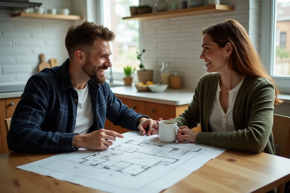 Couple discutant de plans d'aménagement dans la cuisine d'une maison mitoyenne par garage