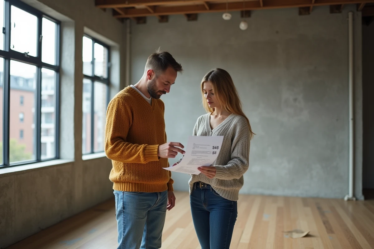 Couple discutant d'une estimation immobilière jugée trop basse dans un appartement vide