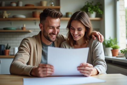 Jeune couple souriant discutant d'investissement immobilier