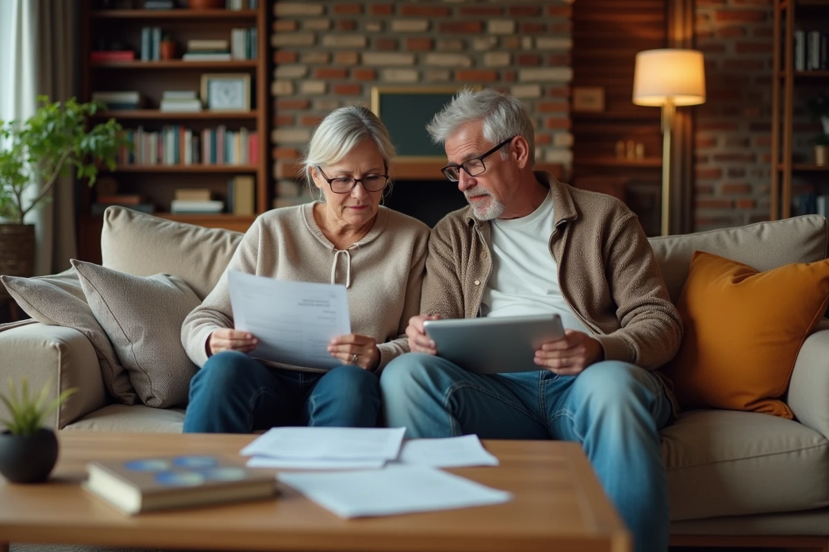 Couple examinant des documents de gestion locative Myfoncia imprimés et en ligne dans leur salon