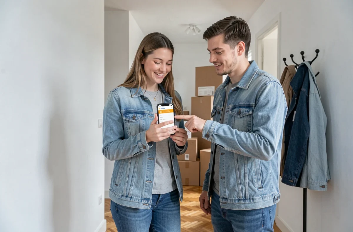 Jeune couple emménageant dans un appartement et comparant les offres d'assurance habitation La Poste sur smartphone
