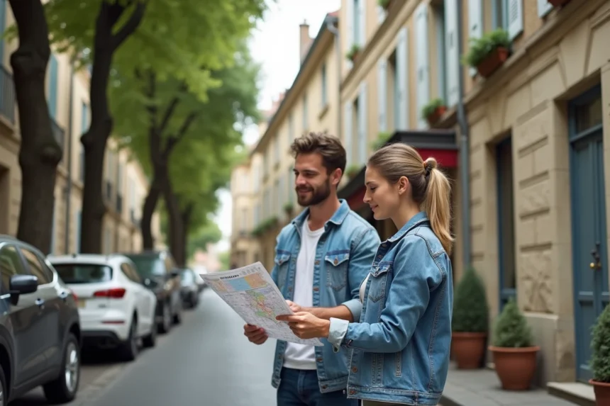 Couple explorant un quartier résidentiel calme à Alès pour s'y installer