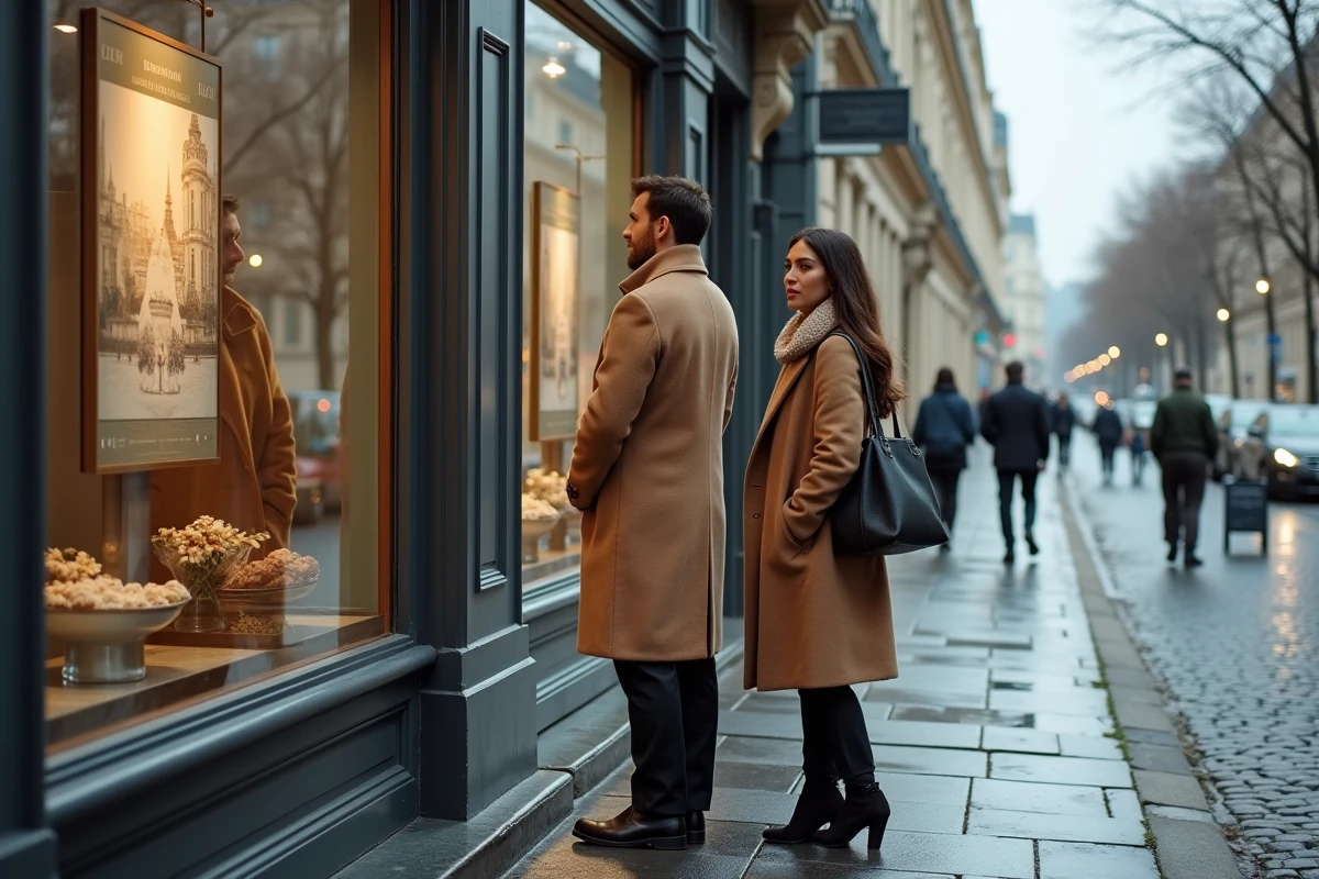 Couple élégant consultant des annonces immobilières de luxe devant une agence parisienne rive gauche