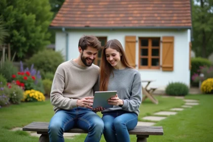 Jeune couple souriant dans leur jardin en PuydeDôme