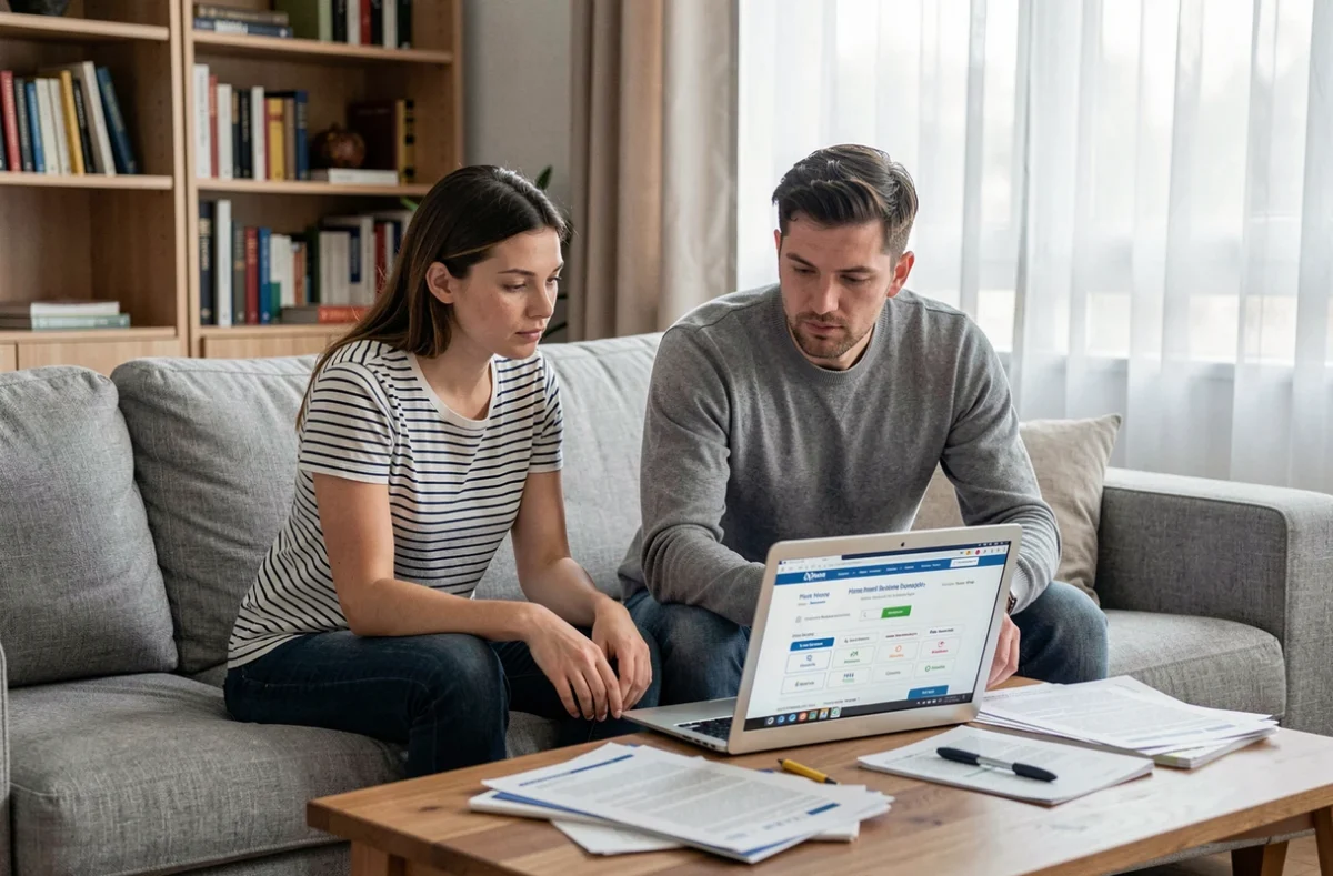 Couple de locataires comparant des offres d'assurance habitation sur un ordinateur portable