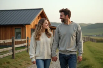 Couple souriant devant maison de campagne moderne