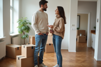 Jeune couple français devant des cartons dans leur appartement