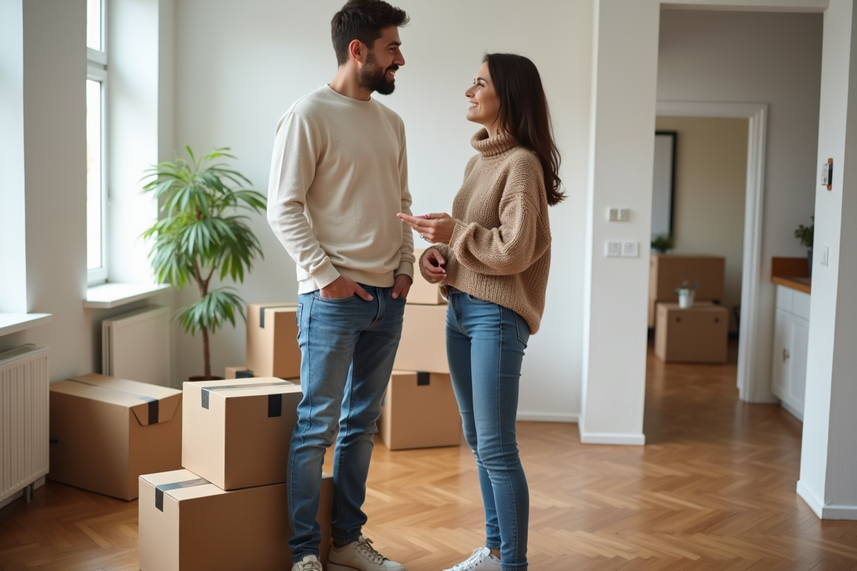 Jeune couple français devant des cartons dans leur appartement