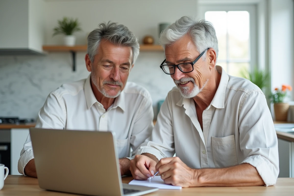 Couple de propriétaires gérant leur bien immobilier ensemble via MyFoncia sur ordinateur portable