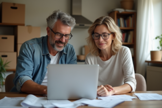 Couple discutant de factures dans leur cuisine cosy