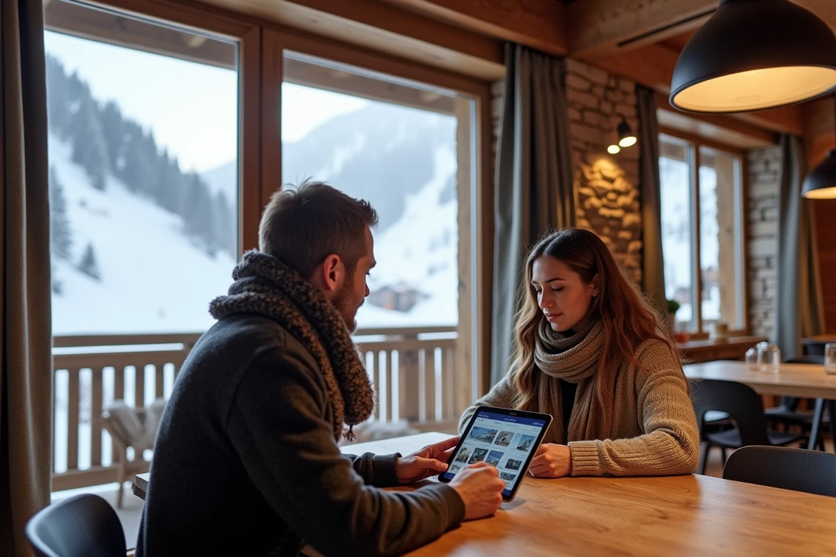 Couple consultant des annonces immobilières sur tablette dans un appartement alpin avec vue sur les pistes des Menuires