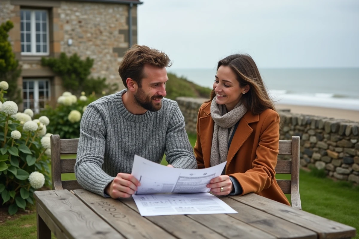 Couple consultant des annonces immobilières dans le jardin d'une maison en pierre normande face à la mer