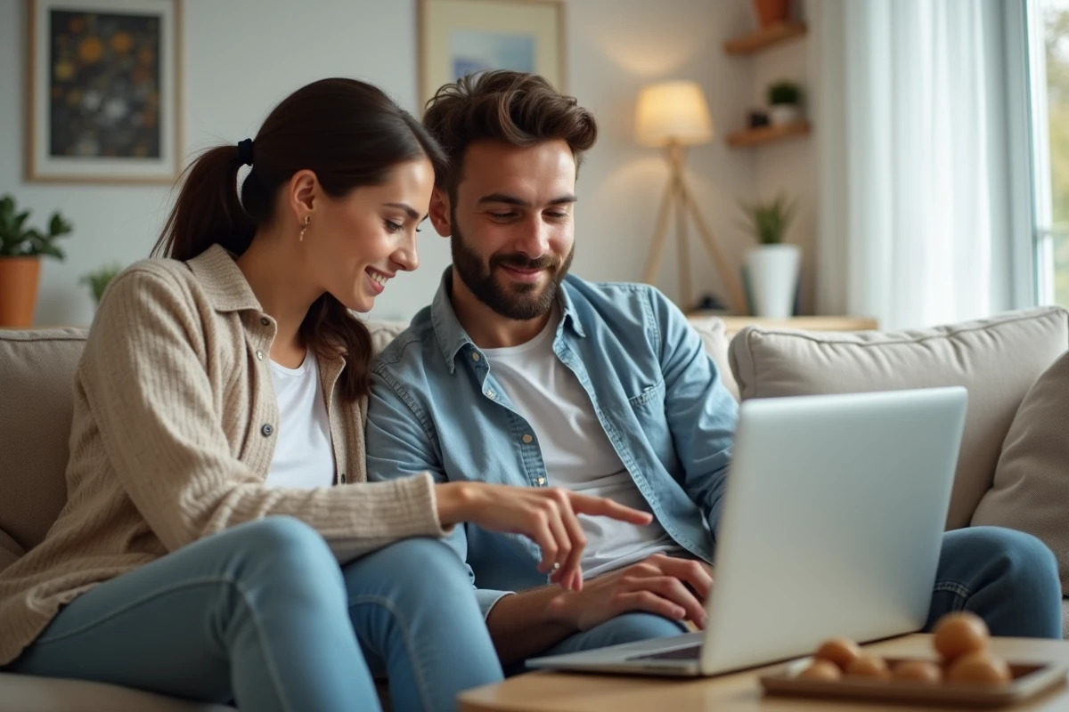 Couple résolvant ensemble un problème d'accès aux documents MyFoncia sur un ordinateur portable dans leur salon