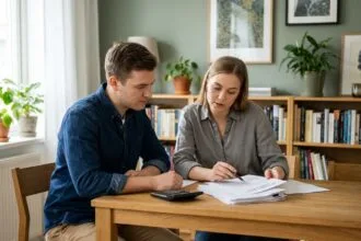 Jeune couple discutant d'un contrat d'assurance à la maison
