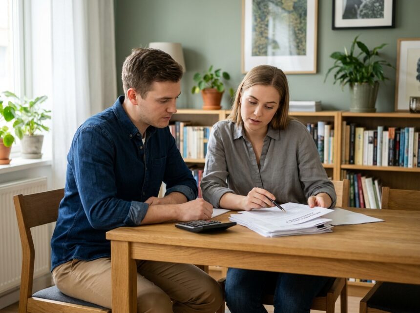Jeune couple discutant d'un contrat d'assurance à la maison