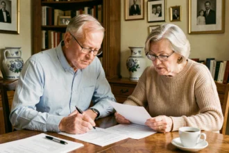 Couple de seniors examinant des documents juridiques liés au démembrement de propriété dans une succession familiale
