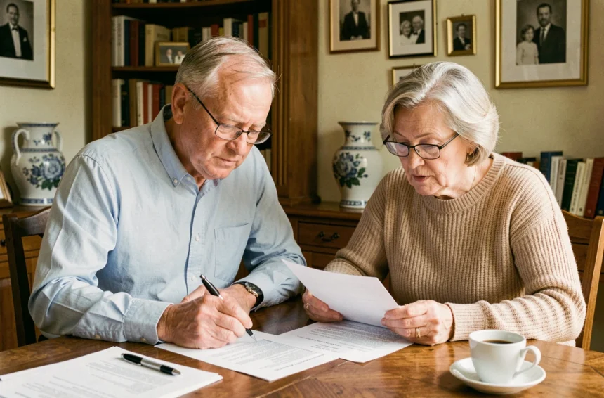 Couple de seniors examinant des documents juridiques liés au démembrement de propriété dans une succession familiale