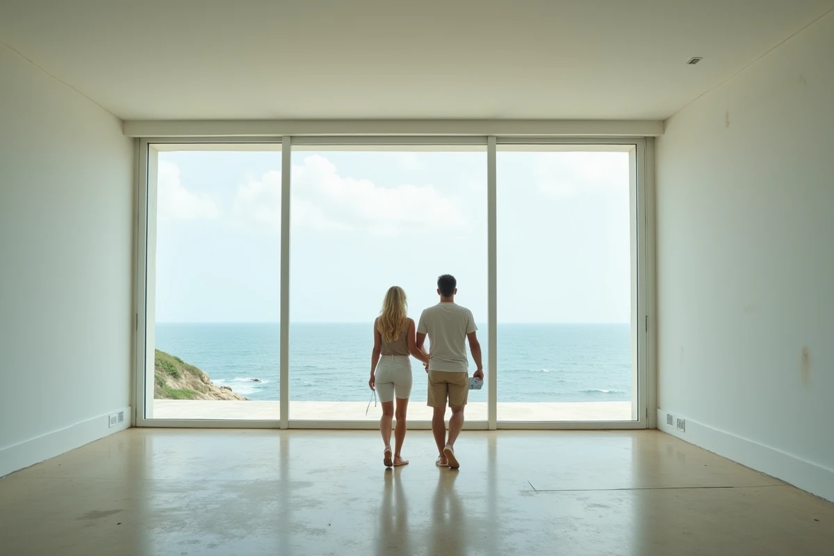 Couple visitant une maison en vente avec grandes fenêtres et vue panoramique sur l'océan lors d'une visite immobilière