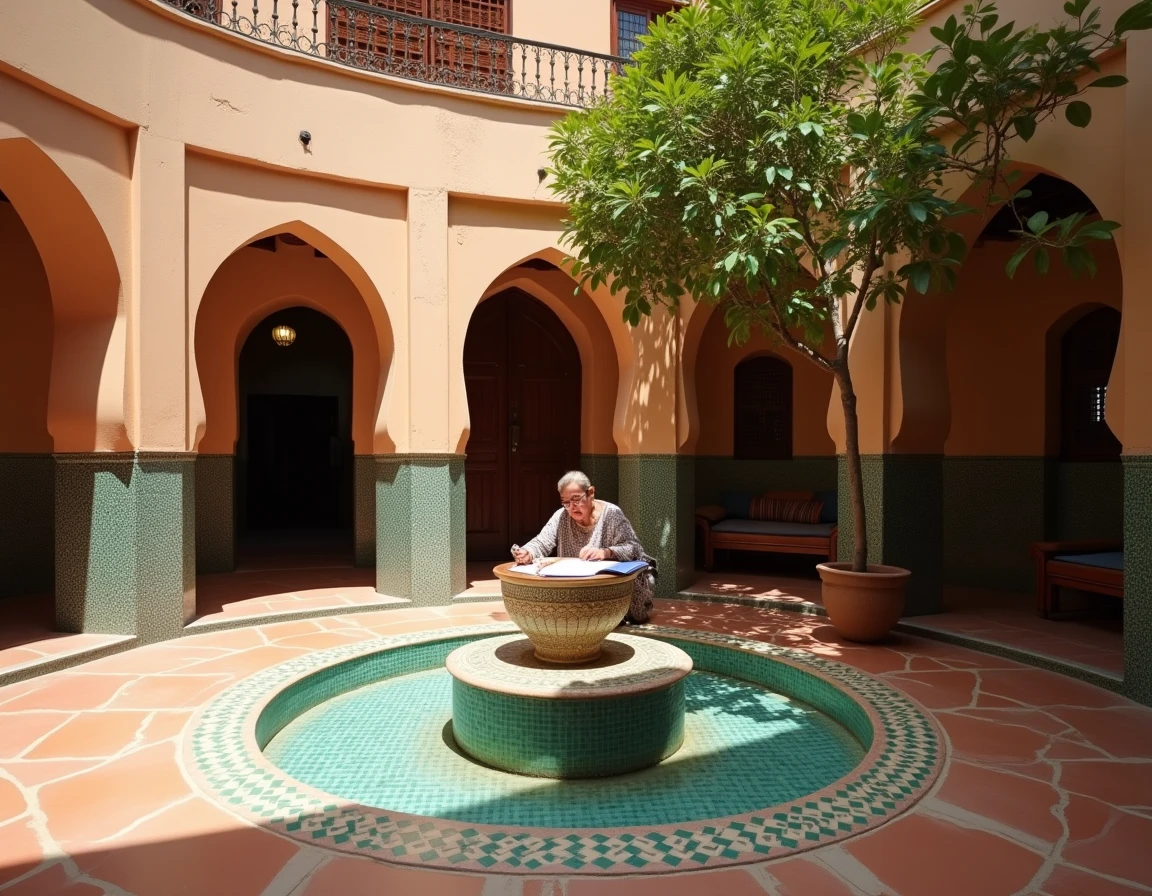Cour intérieure d'un riad authentique à Marrakech avec fontaine en zellige et décor traditionnel marocain