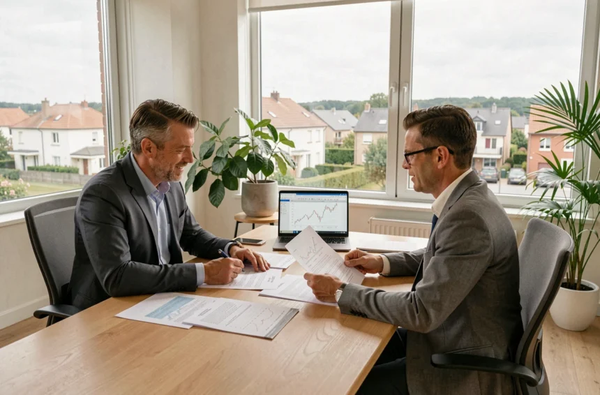 Un courtier en prêt immobilier conseille un couple dans un bureau moderne de Seine-et-Marne, documents de prêt étalés sur la table